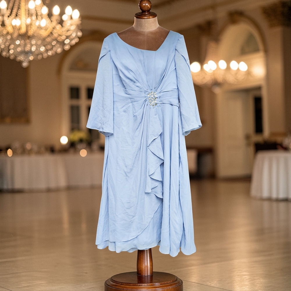 Baby Blue Chiffon Flowy Ruffle Rhinestone Mother of the Bride Dress Size 12 NWT